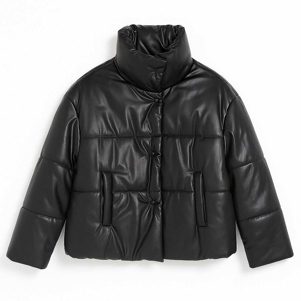 INC Chic Minimalist Vegan Leather Puffer Jacket Size Large - Picture 1 of 6